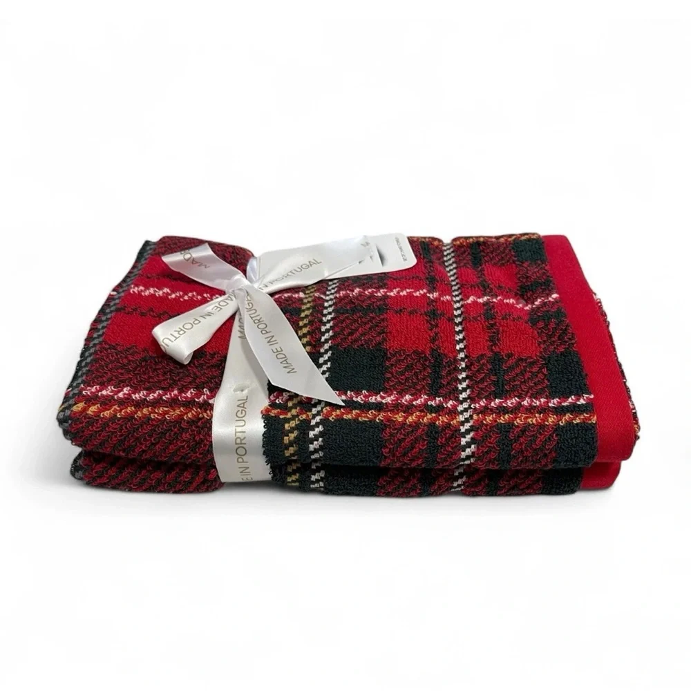 Bianca 2 Pc Hand Towel Christmas Holiday Tartan Plaid Cotton 16x28 Made Portugal